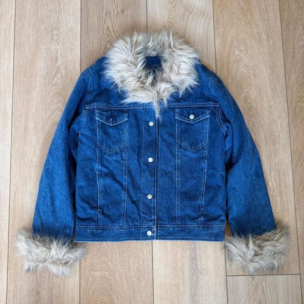 Vintage KC Collections Y2K Denim Jacket with Faux Fur Collar & Cuffs Women’s XL